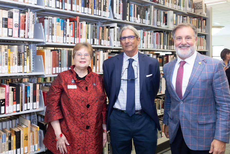 From left: Linda Marie Golian-Lui, dean of the FAU Libraries, Mitchell Group; and FAU President Adam Hasner (Photo by Alex Dolce)